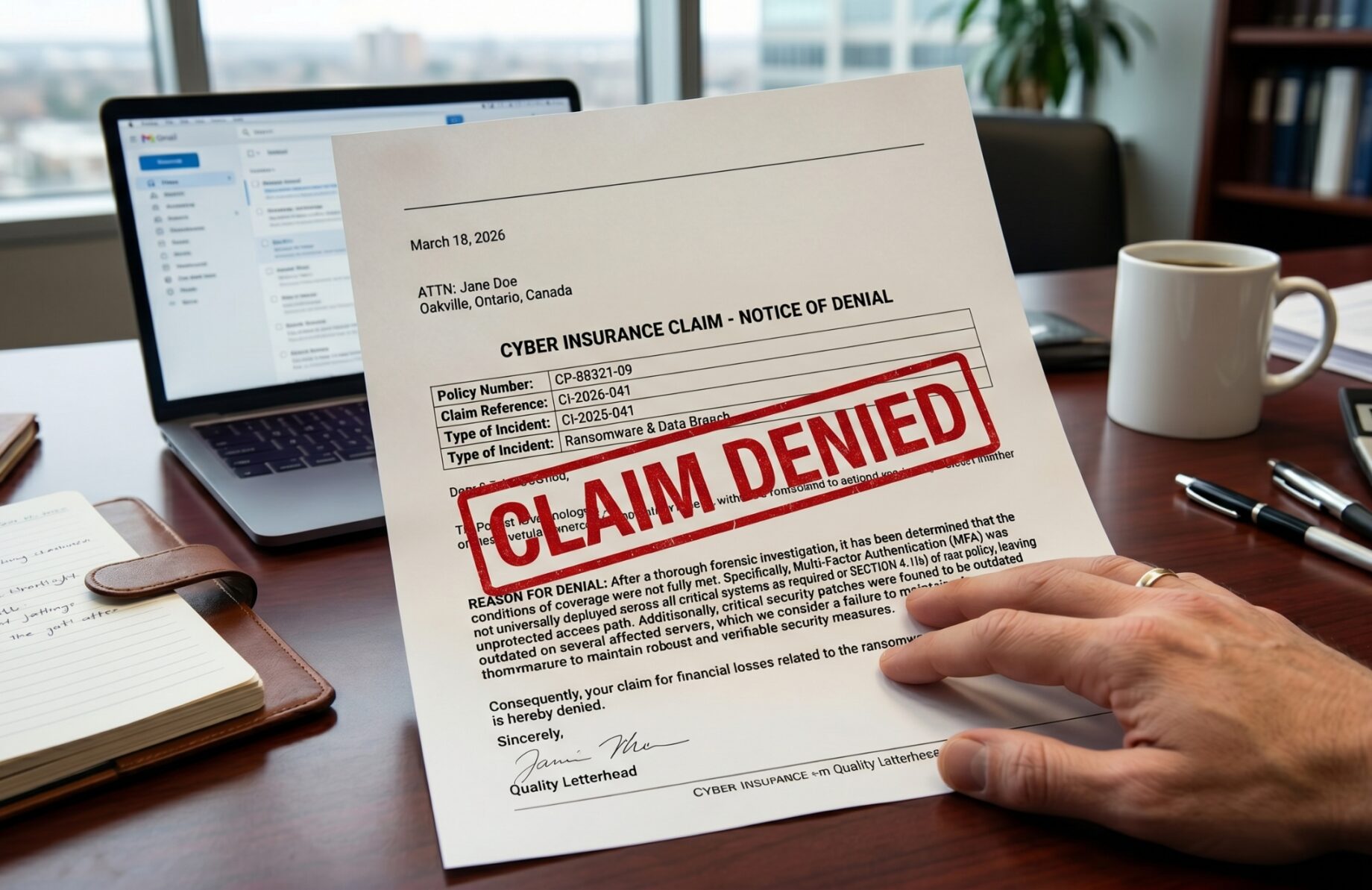 A person reviewing a cyber insurance claim letter stamped "DENIED."