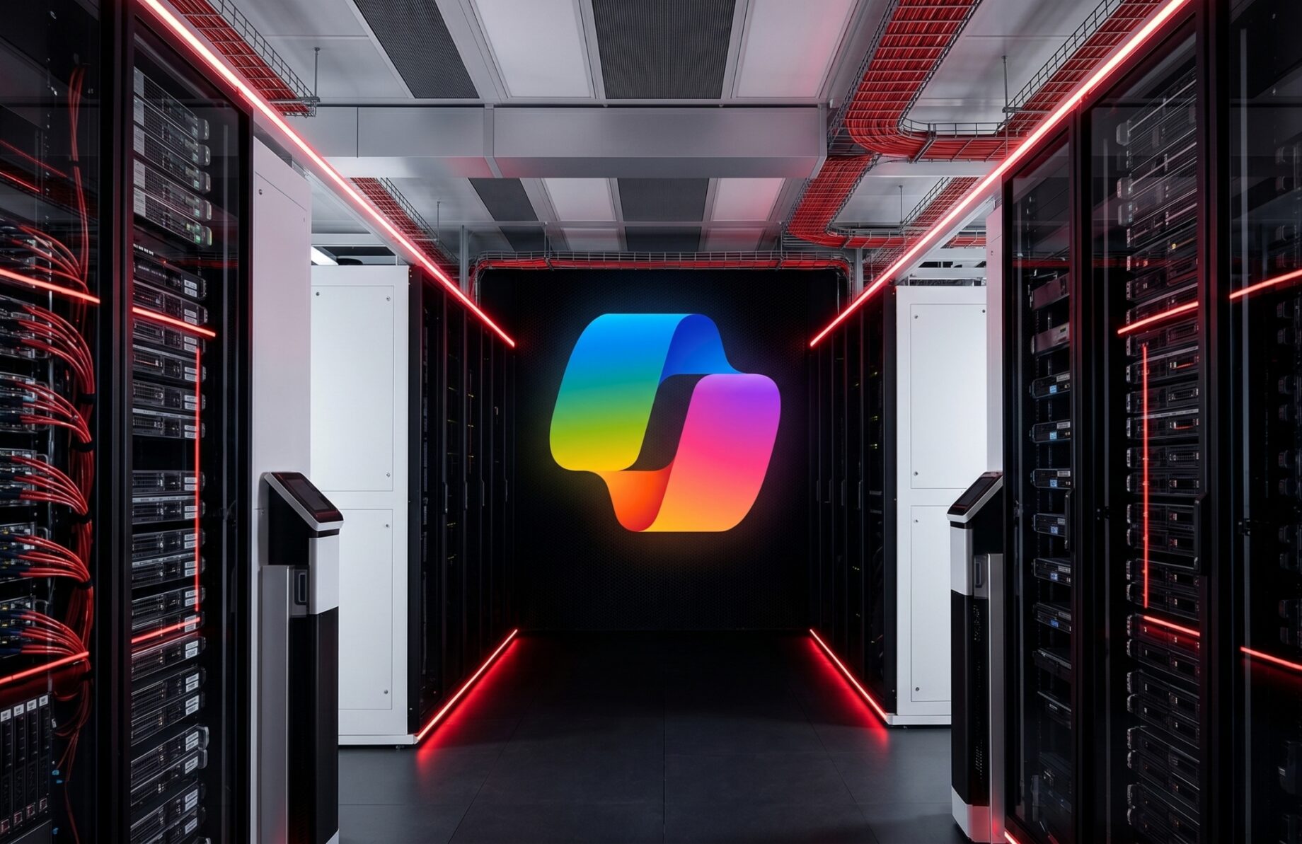 A wide-angle, symmetrical view of a futuristic data center hallway with a microsoft copilot logo in the centre.