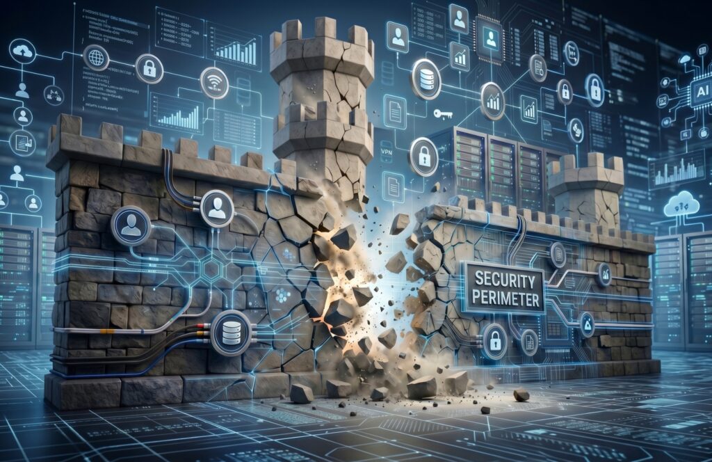 A conceptual image of a stone fortress wall labeled "Security Perimeter" shattering to reveal an expansive digital landscape of server racks and data icons.