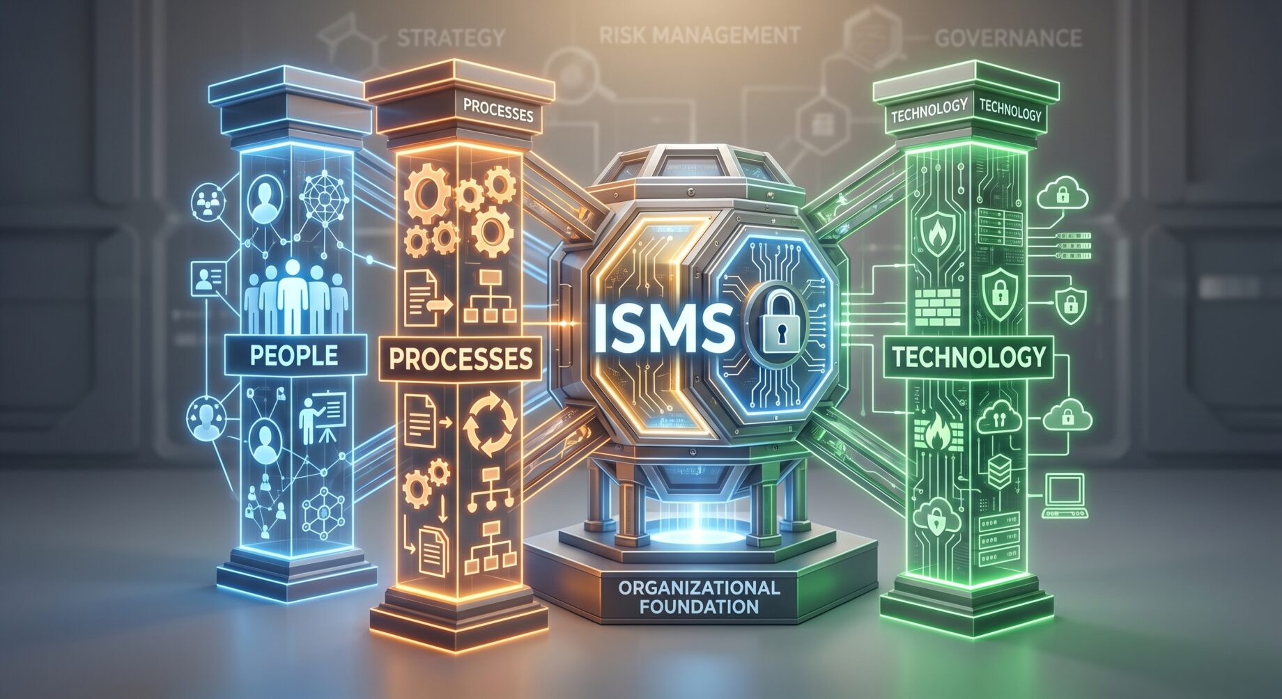 A conceptual diagram illustrating an 'Information Security Management System (ISMS)' as a robust, interlocking three-dimensional structure. Three distinct, glowing pillars labeled 'People', 'Processes', and 'Technology' support a central, protective vault-like core labeled 'ISMS'.
