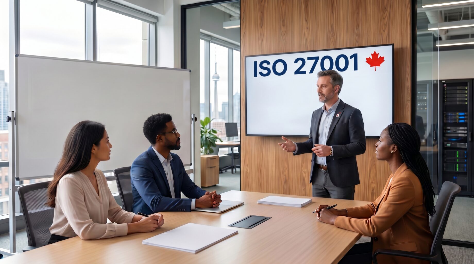 A professional business meeting in a modern office with a digital screen displaying 'ISO 27001' and a Canadian maple leaf.