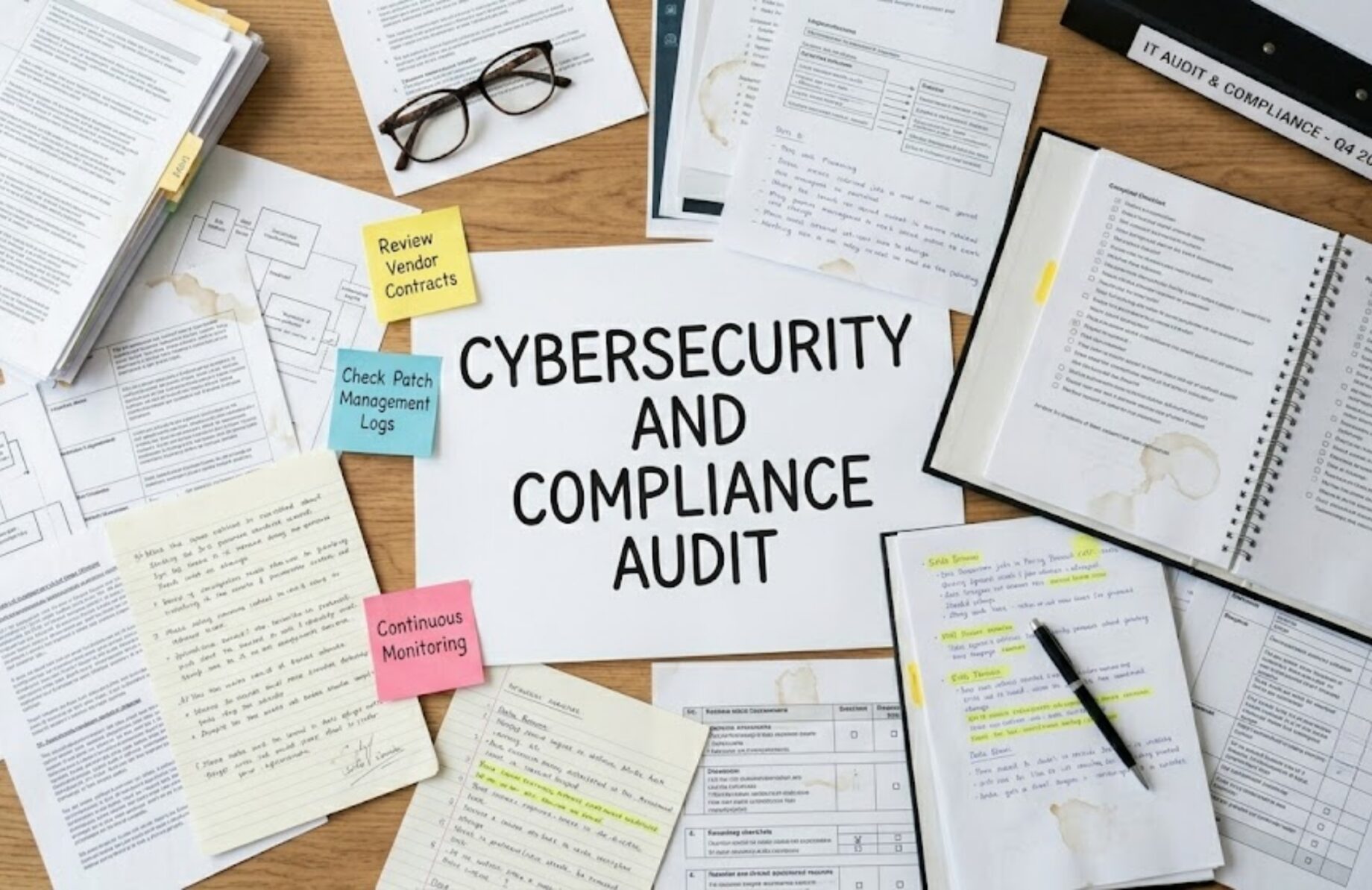 A bird's-eye view of a wooden desk scattered with audit documents, checklists, a binder, and sticky notes. At the center, a large piece of paper clearly reads 'CYBERSECURITY AND COMPLIANCE AUDIT'.