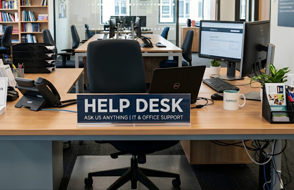 An office desk with a "Help Desk" sign front and centre.