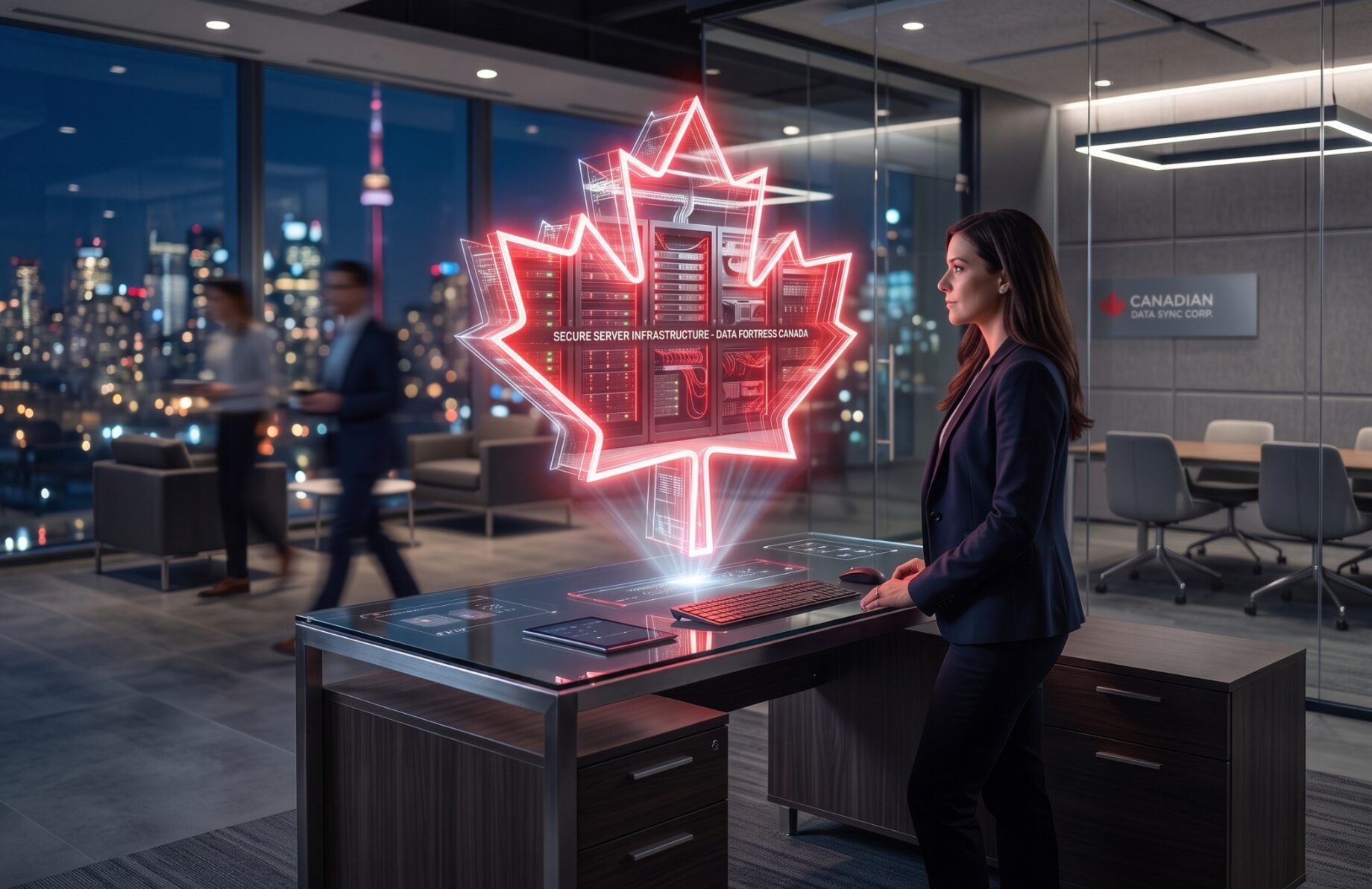 A woman viewing a glowing red maple leaf holographic server display in a modern office.