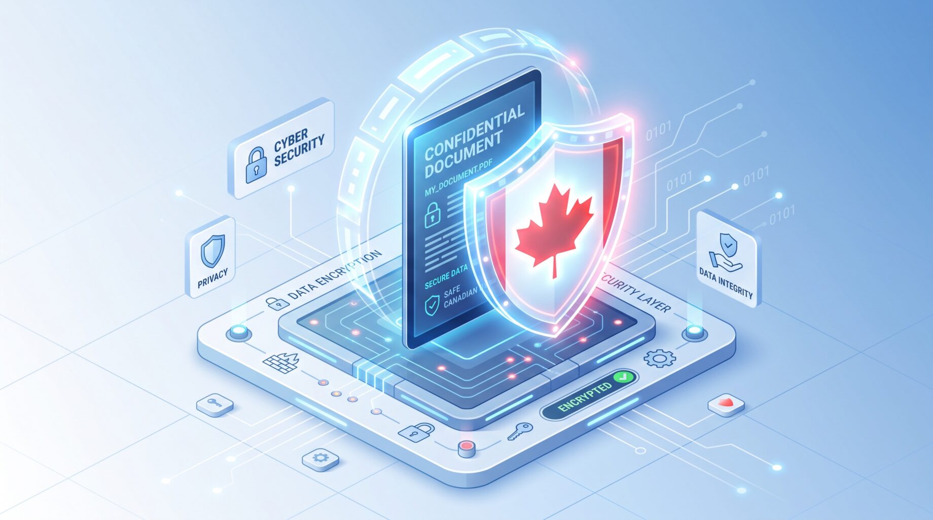 a digital shield that glows with a Canadian flag emblem
