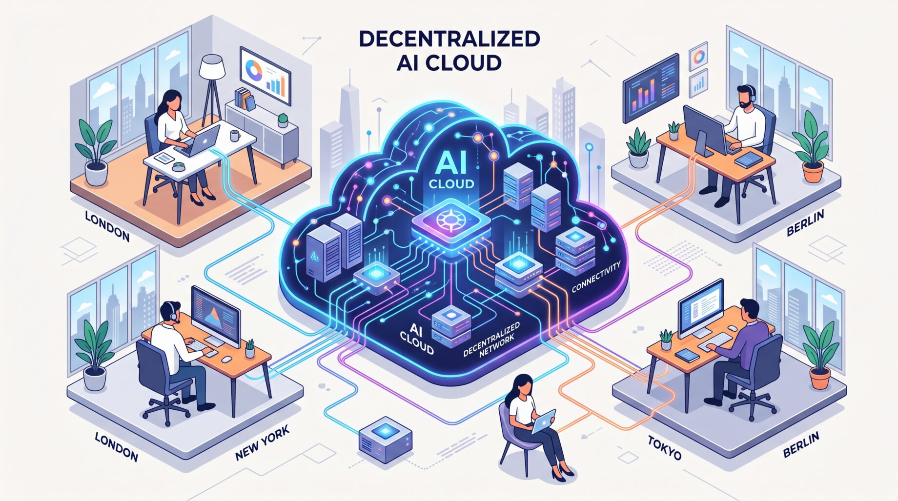 A stylized, isometric illustration of a team working remotely, with thin, glowing lines connecting their various endpoint devices to a decentralized AI cloud. 