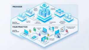 Isometric diagram showing cloud security responsibilities split between provider and user practice.