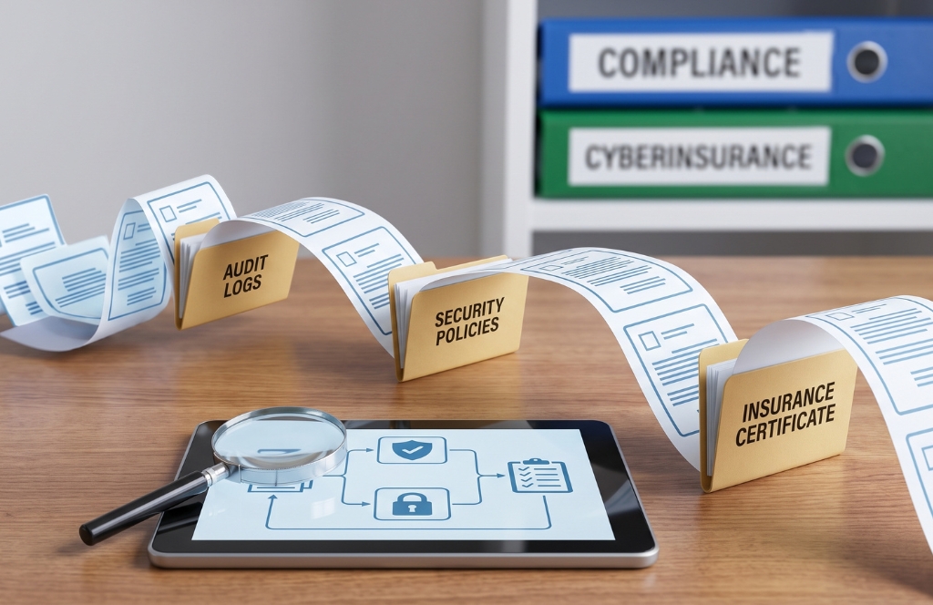A compliance and cyberinsurance evidence trail on a desk with compliance and cyberinsurance binders in the back.