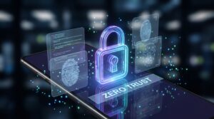 A digital padlock with fingerprint icons and a message reading "Zero Trust".