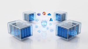 A cloud-first infrastructure, showing floating data centers and interconnected icons representing Microsoft 365 and AI workloads.