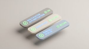 3D render of three rounded cybersecurity badges showing active status for Multi-Factor Authentication, Encryption, and Firewall Status with glowing green checkmarks.