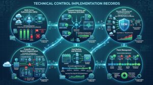 Infographic titled "Technical Control Implementation Records" detailing six cybersecurity practices: Multi-Factor Authentication (MFA), Endpoint Detection and Response (EDR/XDR), SIEM log analysis, Firewalls and Network Segmentation, Data Backup and Recovery, and Patch Management.