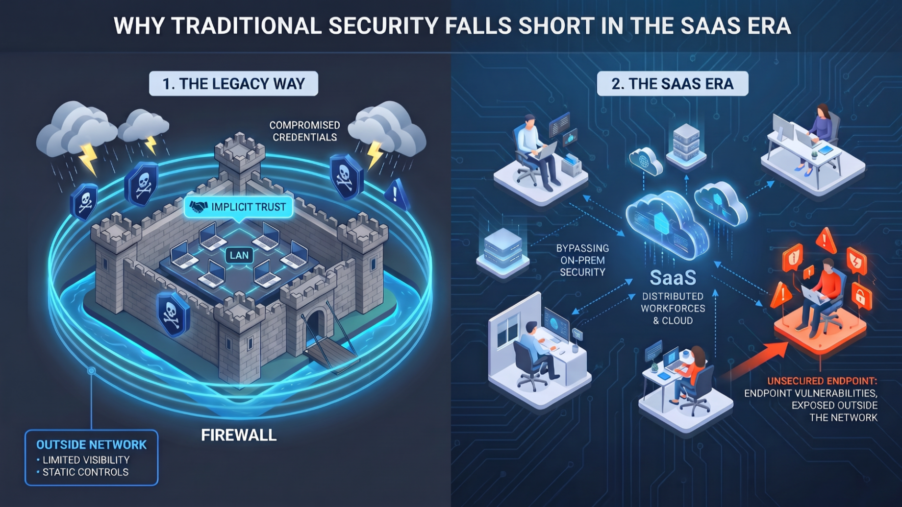 Infographic comparing legacy on-premises perimeter security with the SaaS era, illustrating remote workers and unsecured endpoints bypassing traditional firewalls.